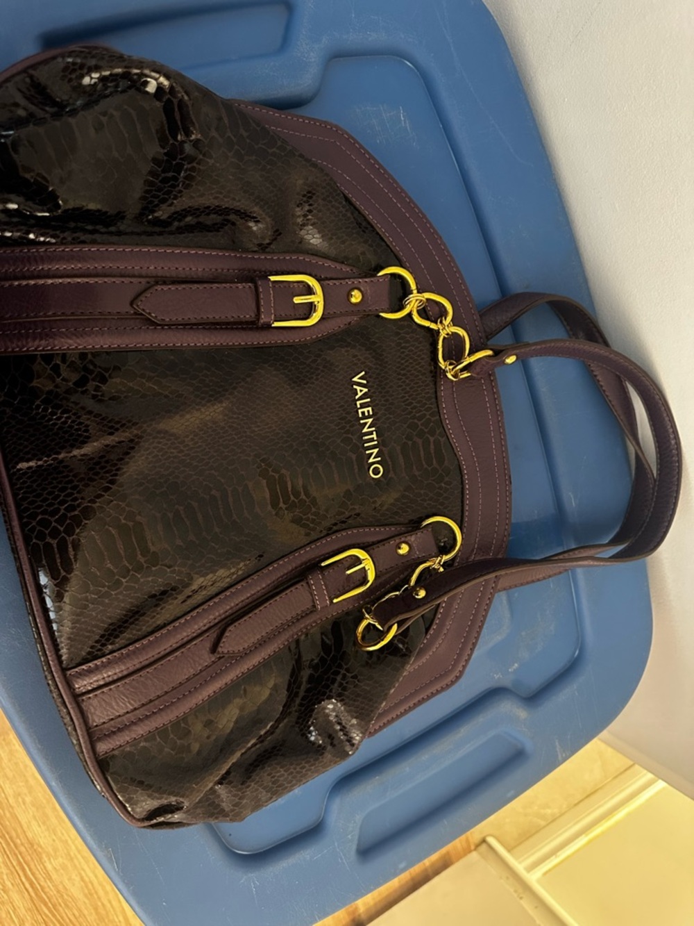Valentino Black & Deep Plum Patent Snake-Effect Shoulder Bag with Gold Hardware